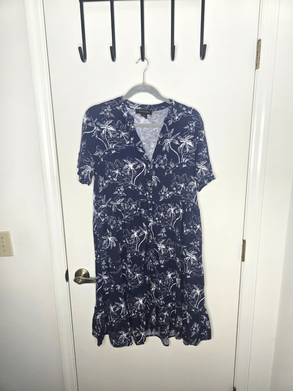 Tahari Navy and White Floral Linen Blend Midi Dress